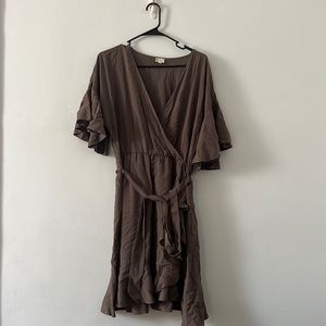 Brown Ruffle Wrap Dress